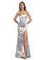 Elegant Spaghetti Straps Side Slit Mermaid Floral Satin Maxi Floral Formal Dresses For Women