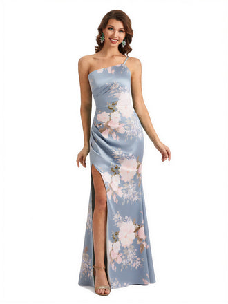 Simple One Shoulder Side Slit Sleeveless Mermaid Floral Satin Maxi Floral Formal Dresses For Women