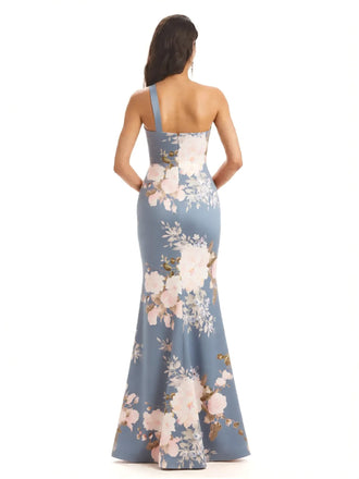 Sexy One Shoulder Side Slit Mermaid Satin Floral Formal Dresses For Women