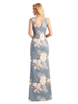 Beautiful Mermaid V-Neck Floral Satin Maxi Floral Formal Dresses For Women