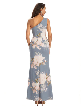 Elegant One Shoulder Mermaid Side Slit Floral Satin Maxi Floral Formal Dresses For Women