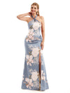 Beautiful Halter Side Slit Mermaid Floral Satin Maxi Floral Formal Dresses For Women
