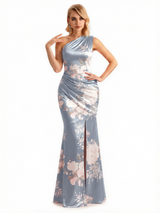 Sexy One Shoulder Side Slit Mermaid Long Satin Floral Formal Dresses For Women