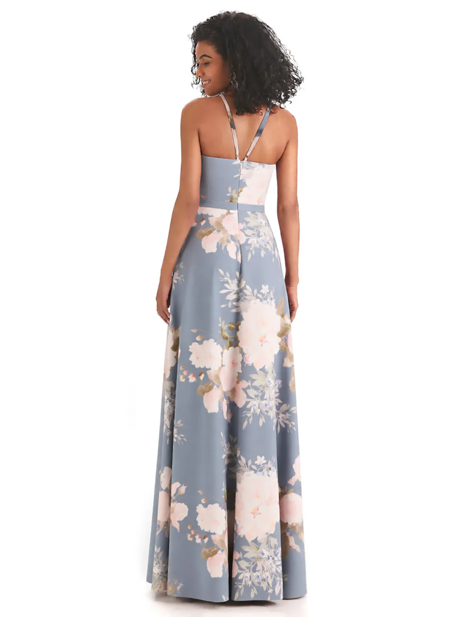 Sexy Spaghetti Straps A-line Long Satin Floral Formal Dresses For Women