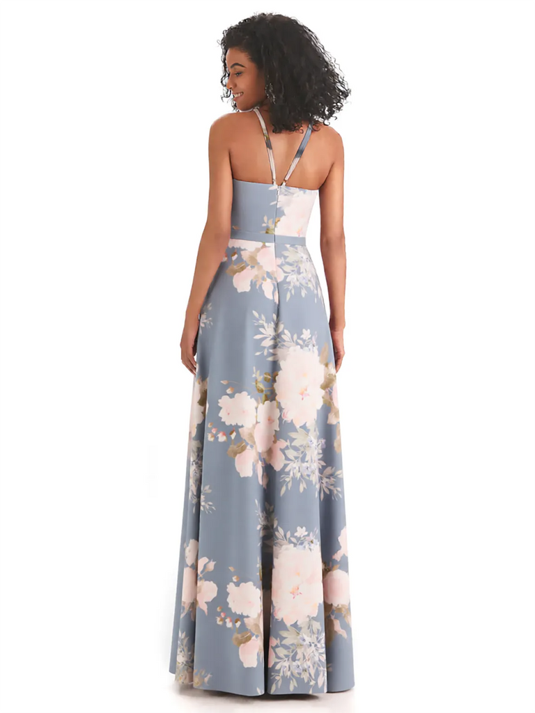 Sexy Spaghetti Straps A-line Long Satin Floral Formal Dresses For Women