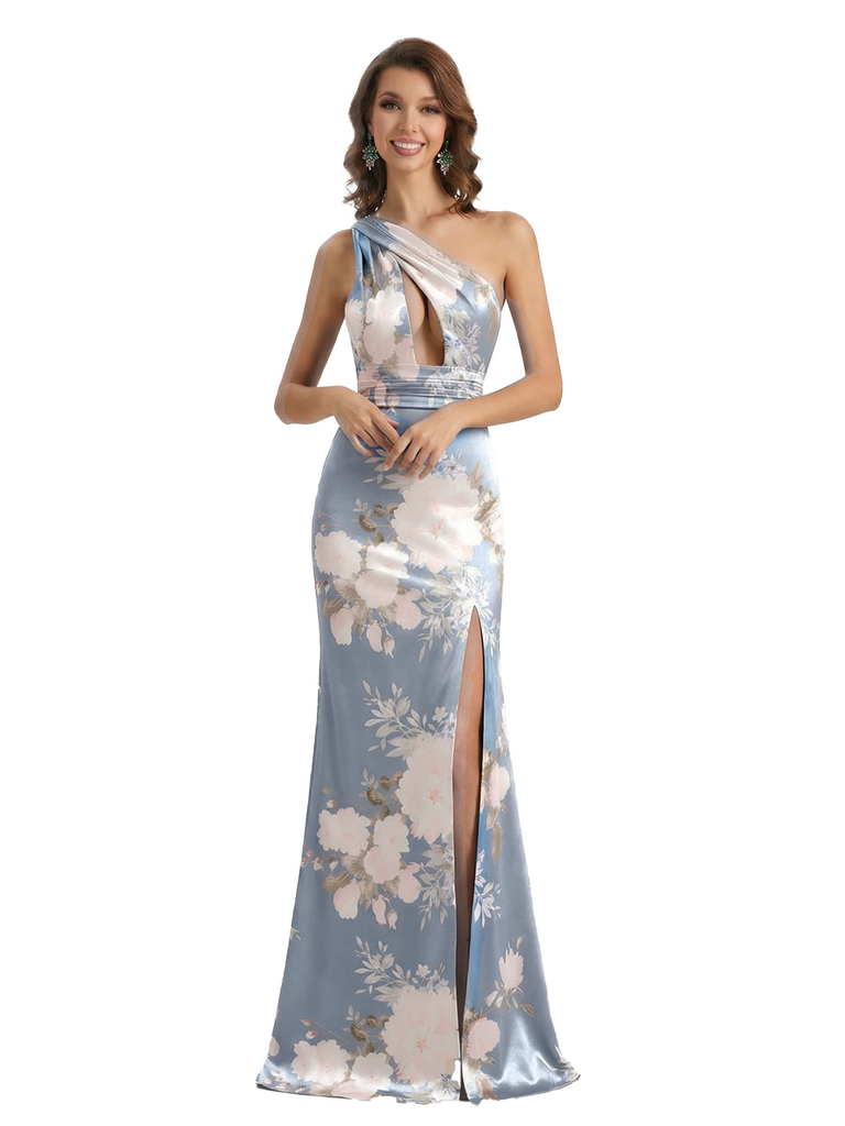 Simple One Shoulder Side Slit Mermaid Floral Satin Maxi Floral Formal Dresses For Women