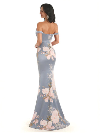 Trendy Off Shoulder Mermaid Floral Satin Maxi Floral Evening Formal Dresses