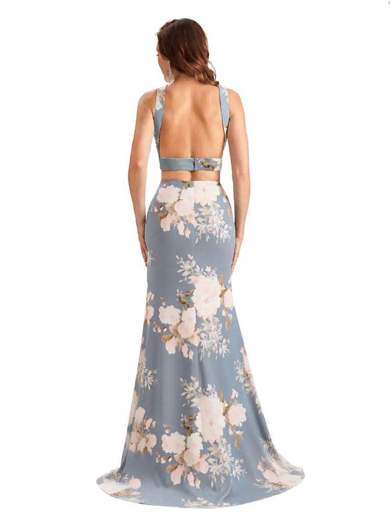 Beautiful Mermaid Halter Two Pieces Floral Satin Maxi Floral Formal Dresses For Women