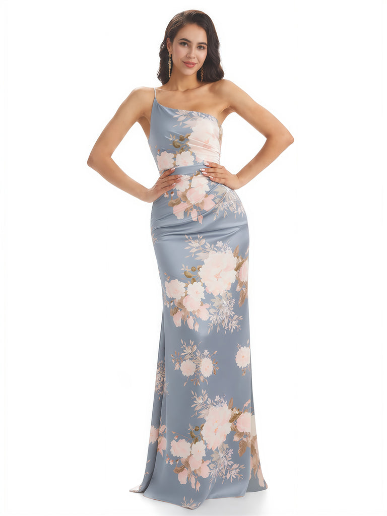 Elegant One Shoulder Mermaid Long Satin Floral Formal Dresses For Women