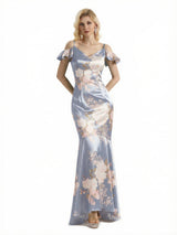 Beautiful Mermaid Cold Shoulder Floral Satin Maxi Floral Formal Dresses For Women