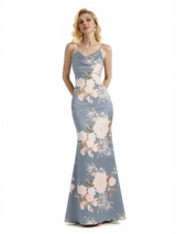 Sexy Jewel Spaghetti Straps Mermaid Long Satin Floral Formal Dresses For Women