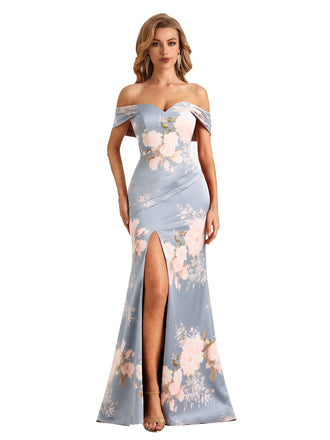 Trendy Off Shoulder Side Slit Mermaid Long Satin Floral Formal Evening Dresses For Ladies