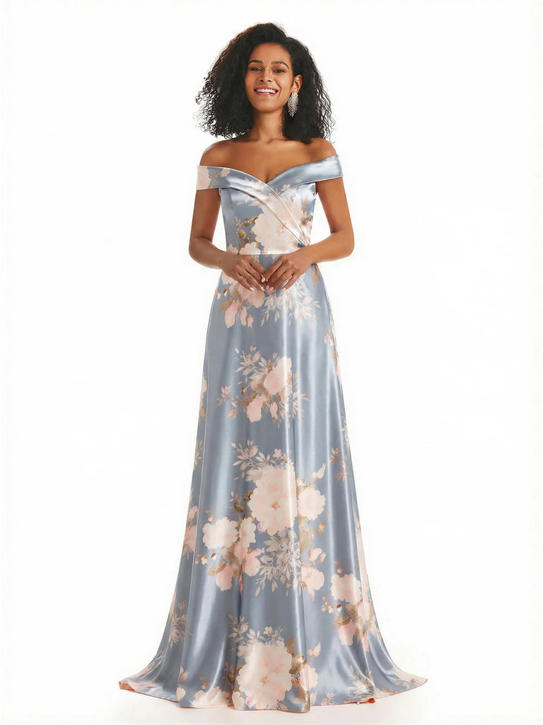 Trendy Off Shoulder A-Line Long Floral Satin Women Formal Evening Dresses