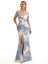 Beautiful Off Shoulder Side Slit Mermaid Floral Satin Maxi Floral Formal Dresses For Women