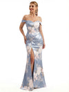 Beautiful Off Shoulder Side Slit Mermaid Floral Satin Maxi Floral Formal Dresses For Women