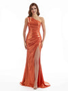 Elegant Slit One Shoulder Metallic Stretch Shiny Fabric Long Bridesmaid Dresses Online