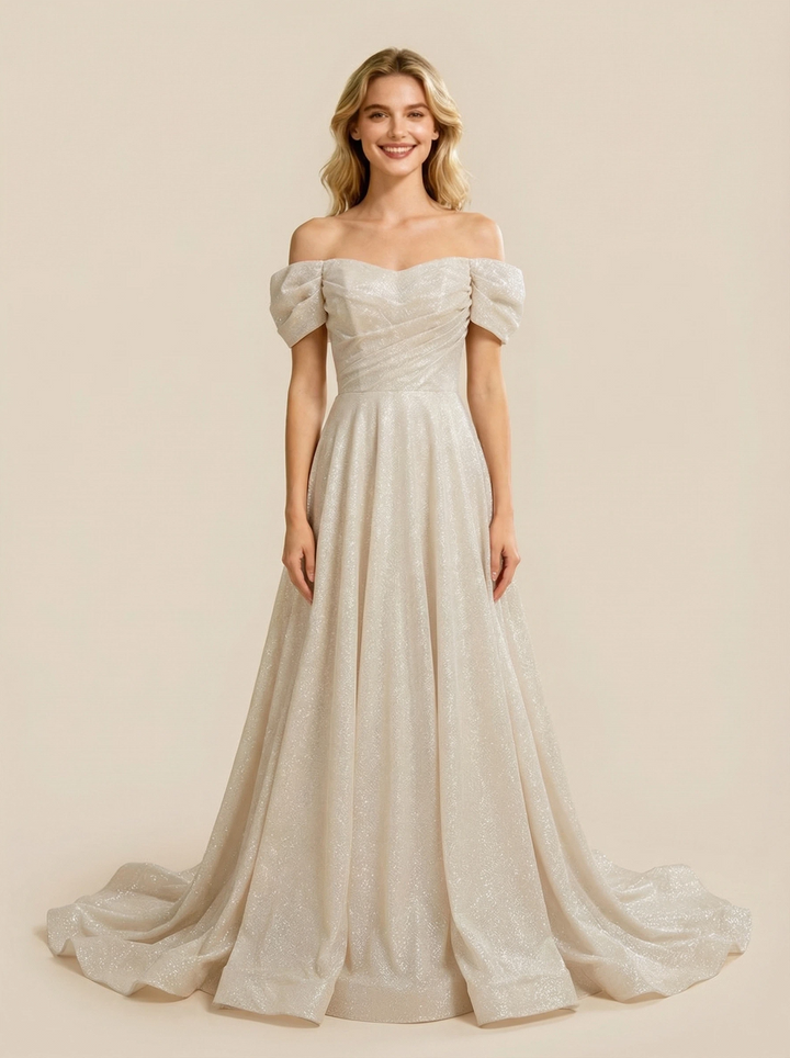 A-Line Off Shoulder Ruched Maxi Long Sequin Tulle Wedding Dresses Online