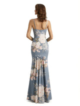 Simple Spaghetti Straps V-Neck Side Slit Mermaid Floral Satin Maxi Floral Formal Dresses For Women
