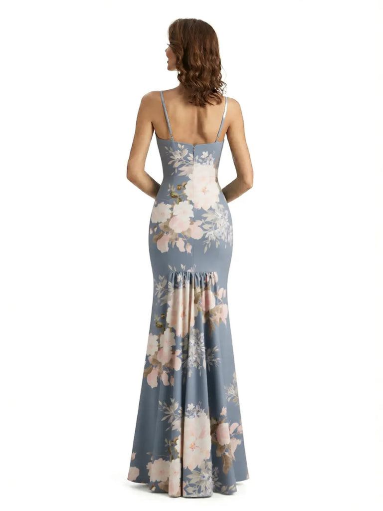 Simple Spaghetti Straps V-Neck Side Slit Mermaid Floral Satin Maxi Floral Formal Dresses For Women