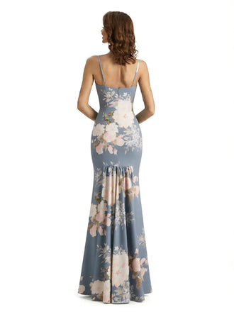 Simple Spaghetti Straps V-Neck Side Slit Mermaid Floral Satin Maxi Floral Formal Dresses For Women