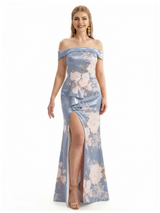 Simple Off Shoulder Side Slit Mermaid Long Satin Floral Formal Evening Dresses For Ladies