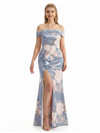 Simple Off Shoulder Side Slit Mermaid Long Satin Floral Formal Evening Dresses For Ladies