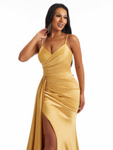 Sexy Spaghetti Straps Lace Up Back Side Split Mermaid Soft Satin Long Bridesmaid Dresses