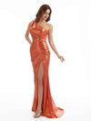 Elegant Slit One Shoulder Metallic Stretch Shiny Fabric Long Bridesmaid Dresses Online