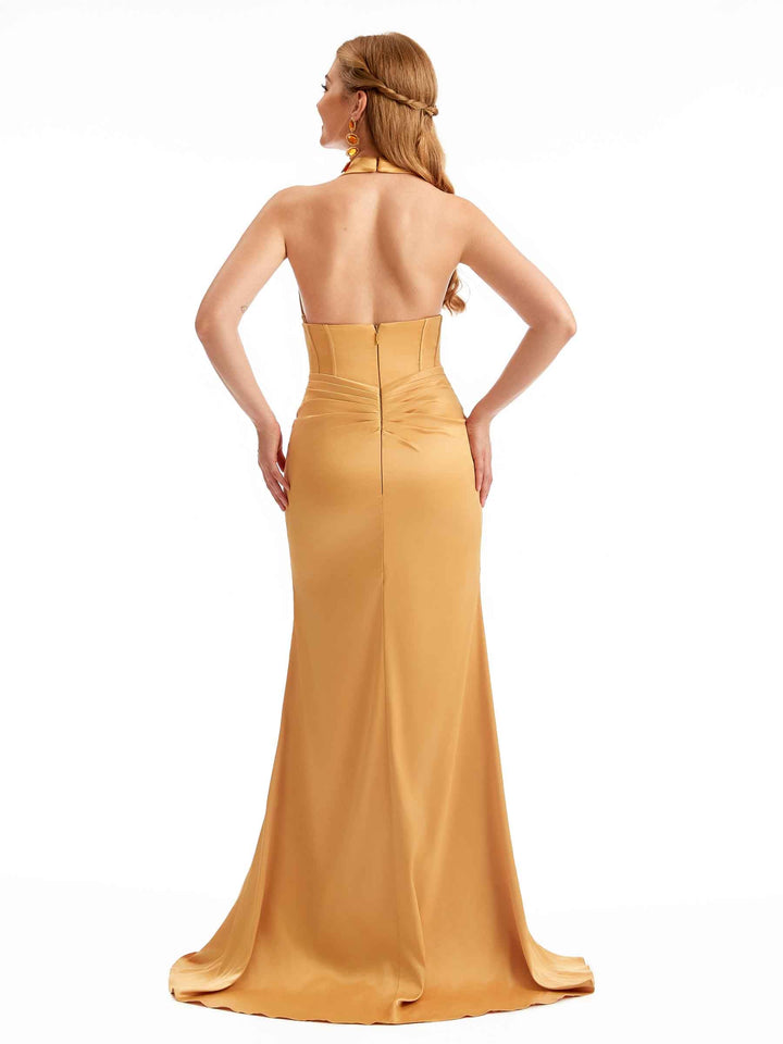 Satin Halter Spring V-neck Bridesmaid Dresses