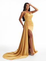 Sexy Spaghetti Straps Lace Up Back Side Split Mermaid Soft Satin Long Bridesmaid Dresses