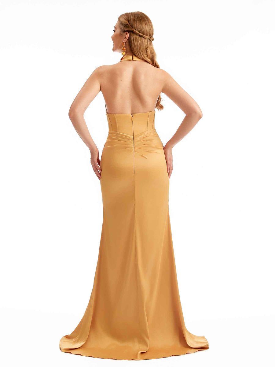 Halter V-Neck Boho Bridesmaid Dresses Satin Fabric