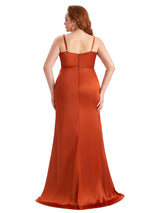 Plus Size Sexy Side Slit Spaghetti Straps Mermaid Soft Satin Fashion Bridesmaid Dresses