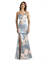 Simple Spaghetti Straps V-Neck Side Slit Mermaid Floral Satin Maxi Floral Formal Dresses For Women