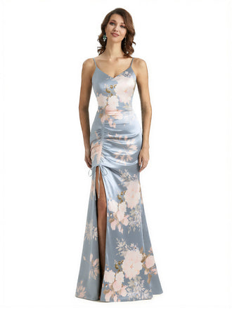 Simple Spaghetti Straps V-Neck Side Slit Mermaid Floral Satin Maxi Floral Formal Dresses For Women