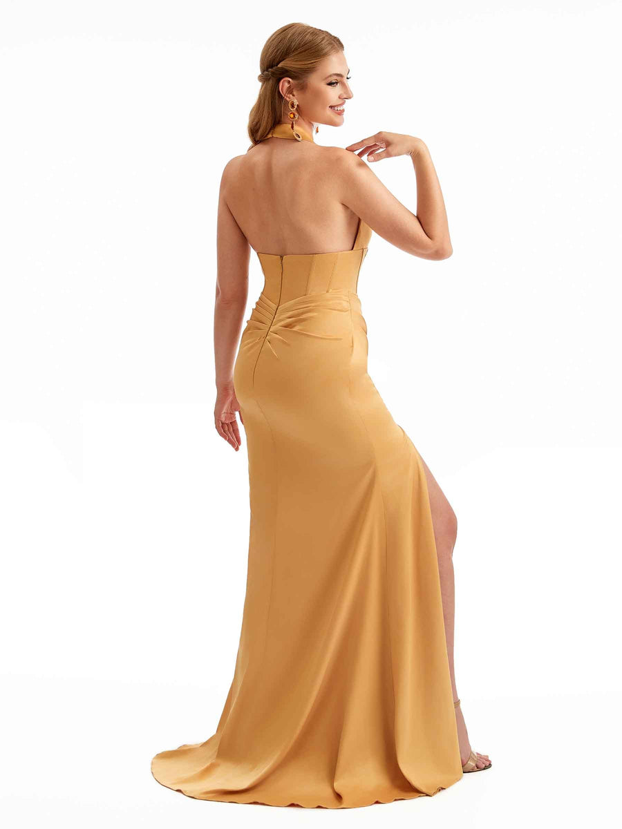 Halter V-Neck Boho Bridesmaid Dresses Satin Fabric