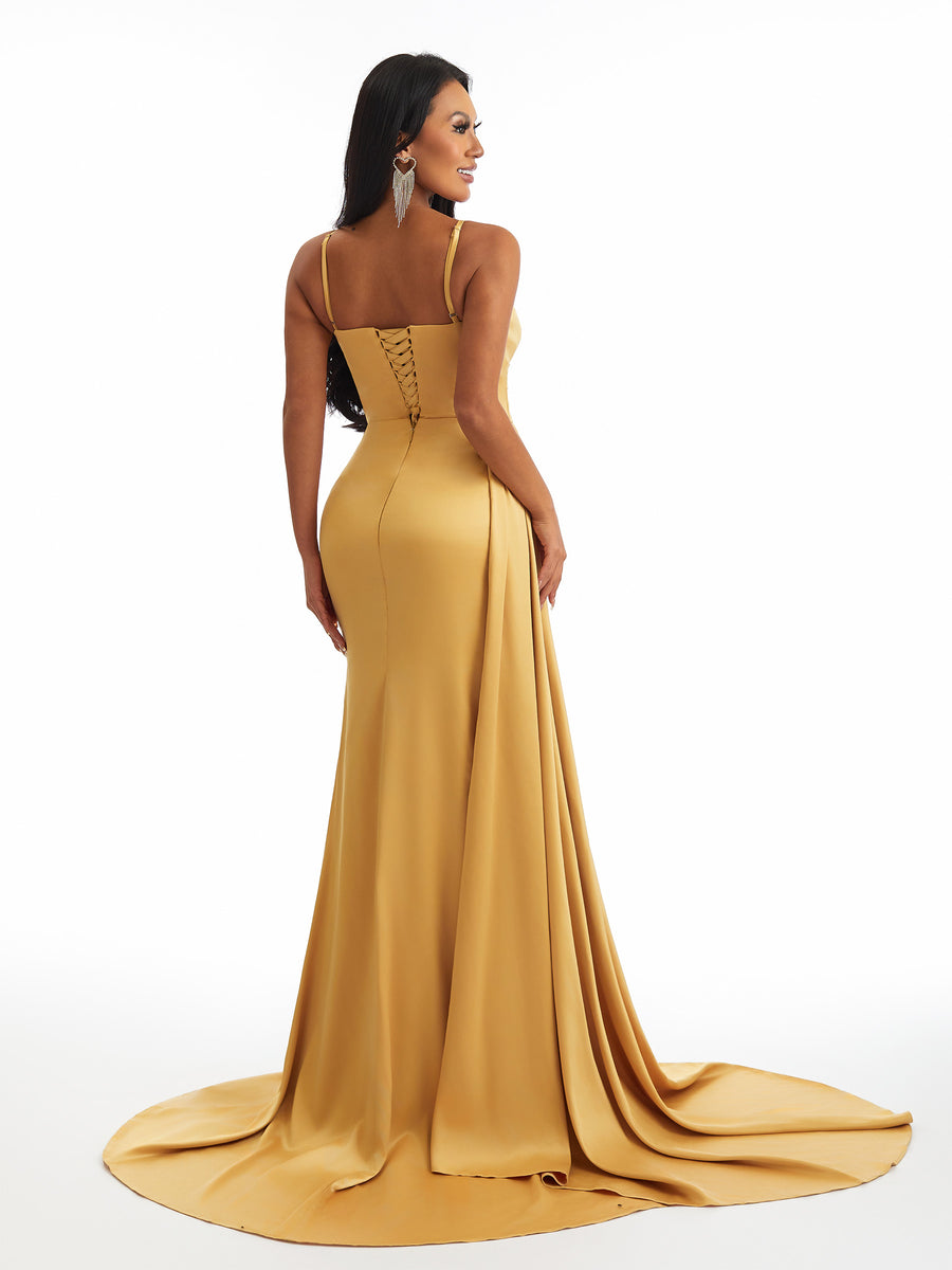Sexy Spaghetti Straps Lace Up Back Side Split Mermaid Soft Satin Long Bridesmaid Dresses