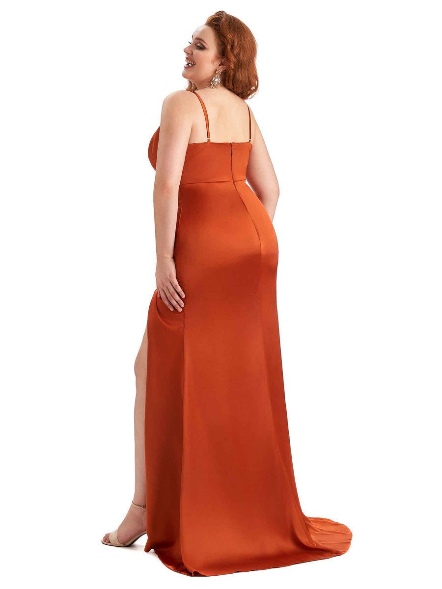 Plus Size Sexy Side Slit Spaghetti Straps Mermaid Soft Satin Fashion Bridesmaid Dresses