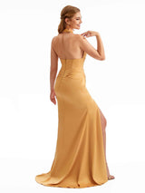 Satin Halter Spring V-neck Bridesmaid Dresses