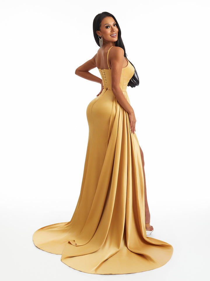 Sexy Spaghetti Straps Lace Up Back Side Split Mermaid Soft Satin Long Bridesmaid Dresses