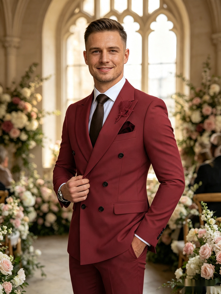 Classic 2 Piece Burgundy Men's Suit with Regular Fit and Sophisticated Peak Lapel