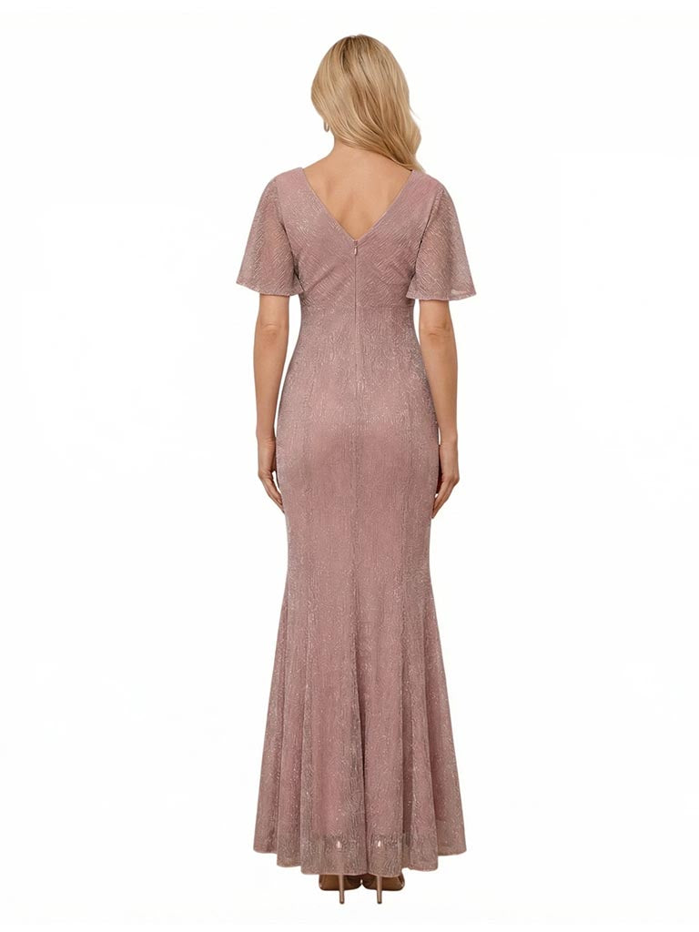 Elegant Glitter Jersey V-Neck Mermaid Ankle-Length Mother of The Bride Dresses