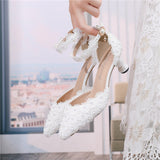 New shallow mouth lace pearl 5cm spot pointed white banquet wedding shoes