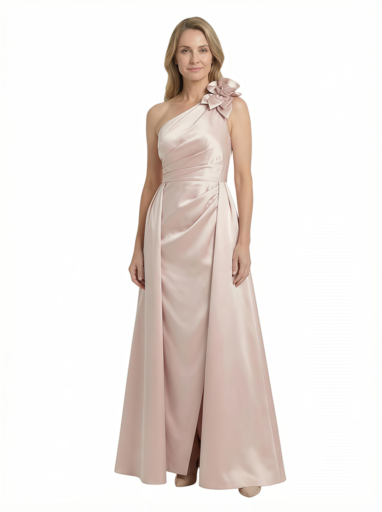 Chicsew Elegant Silky Satin One Shoulder Ruched Maxi Mother of The Groom Dress Overskirt