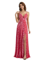 Sexy Side Slit Floral Velvet Unique Long Bridesmaid Dresses Online