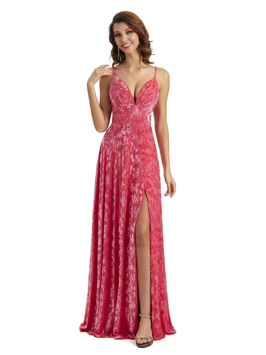 Sexy Side Slit Floral Velvet Unique Long Bridesmaid Dresses Online