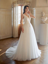 Elegant Open Back V-neck A-line Maxi Long Wedding Dresses Online