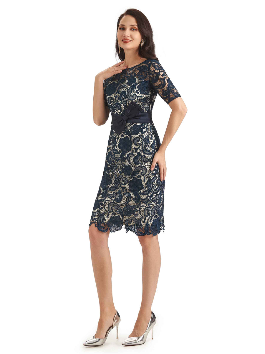 Gorgeous Lace Short Illusion Long Sleeves Mother Of The Bride Dresses