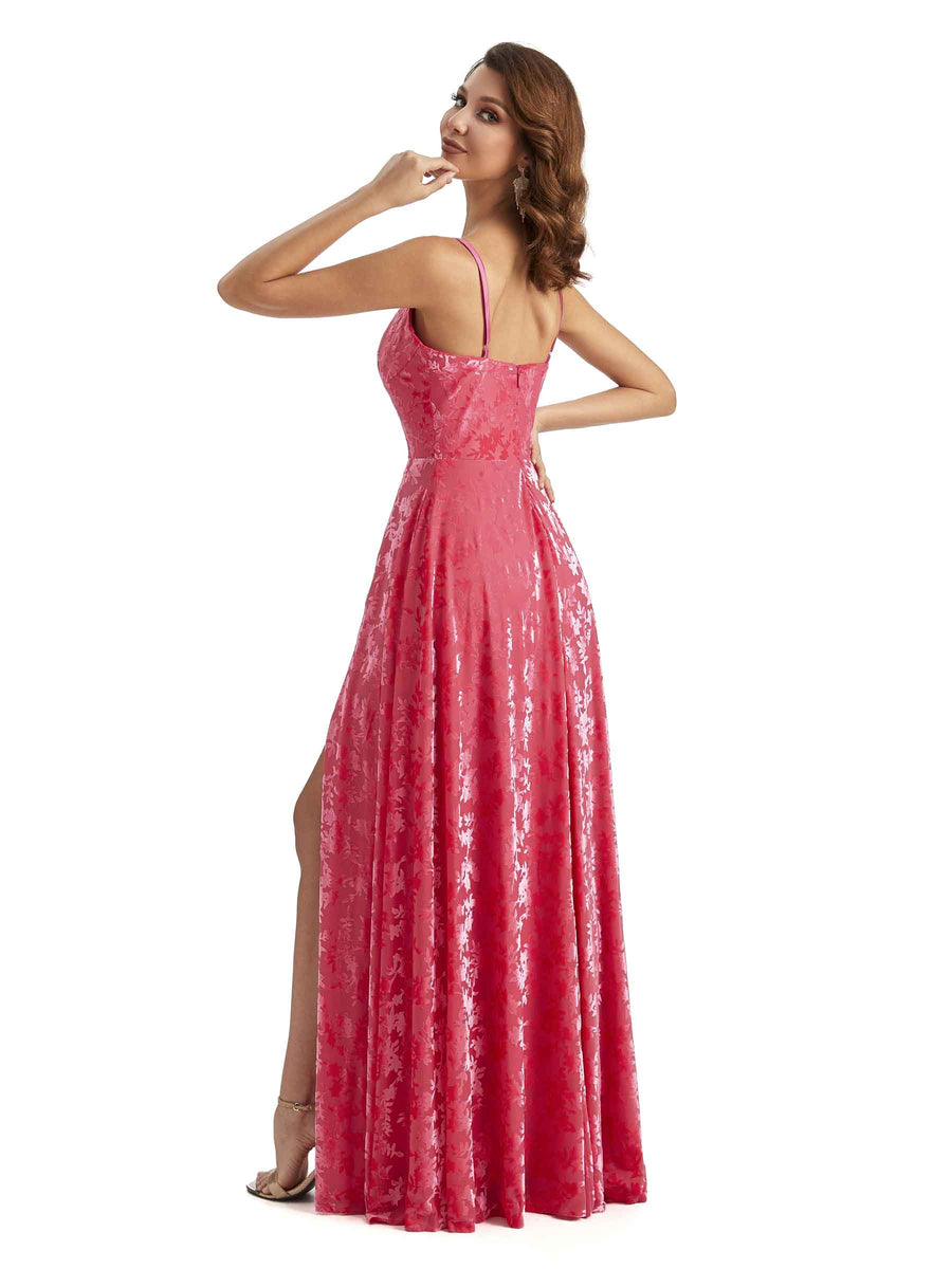 Sexy Side Slit Floral Velvet Unique Long Bridesmaid Dresses Online