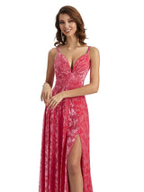 Sexy Side Slit Floral Velvet Unique Long Bridesmaid Dresses Online