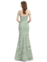 Elegant Off Shoulder Mermaid Side Slit Floral Satin Maxi Floral Formal Dresses For Women